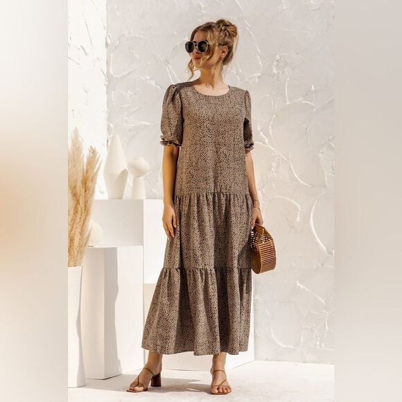 Women’s Brown Cheetah Print Boho Puff Sleeve Ruffle Tiered Maxi Dress Small - Picture 1 of 12